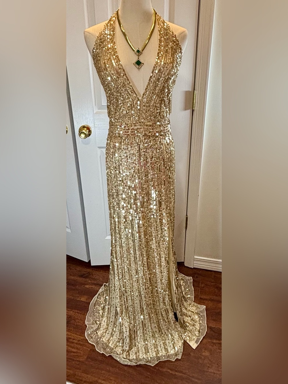 Mac Duggal Gold Sequin Backless Halter Gown